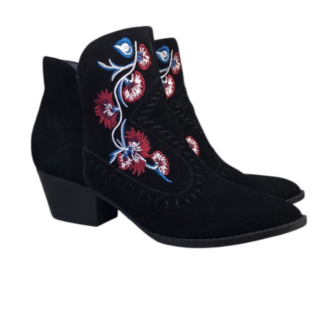 Carlos Santana Womens Ankle Boot Bootie Size 8 Suede Embroidered Floral Black